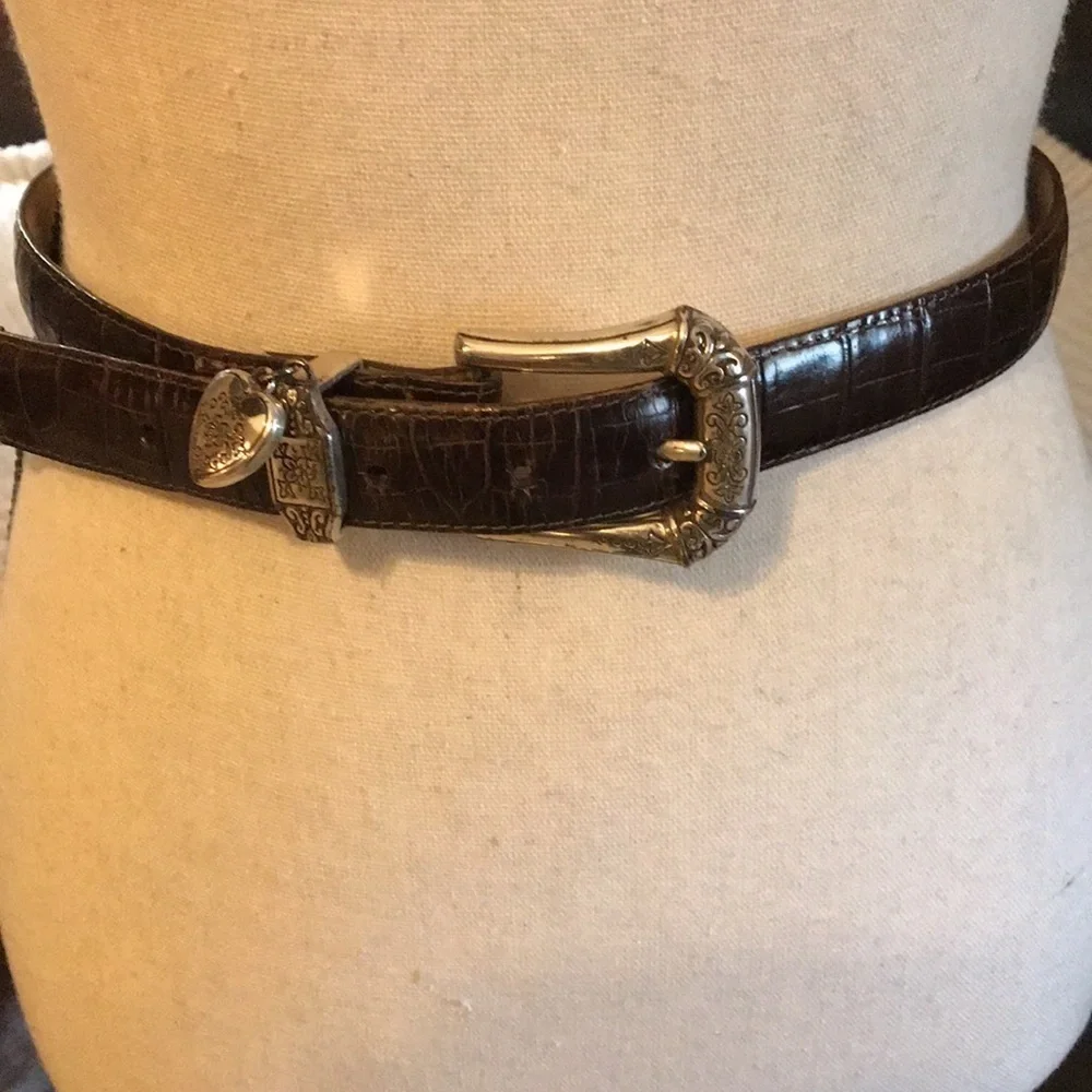 Brighton Silver Heart Charm Brown Leather Belt B7108 Croc Emboss Sz M/30 Basic